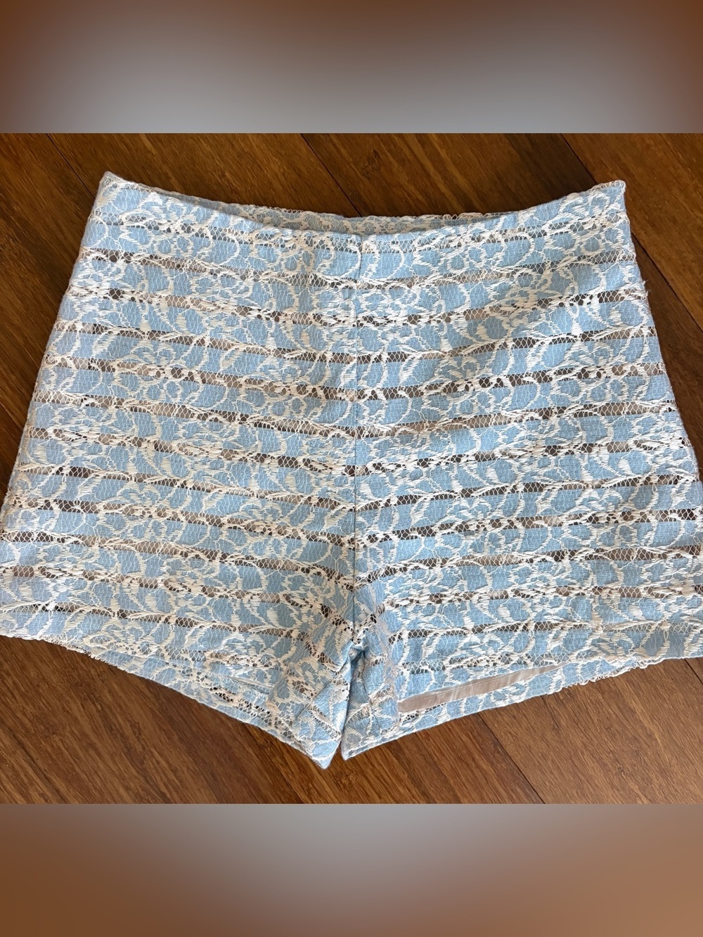 Lush Shorts Dressy Lt Blue Cream Floral Lace Sheer Stripes Cutout Side Zip SZ S